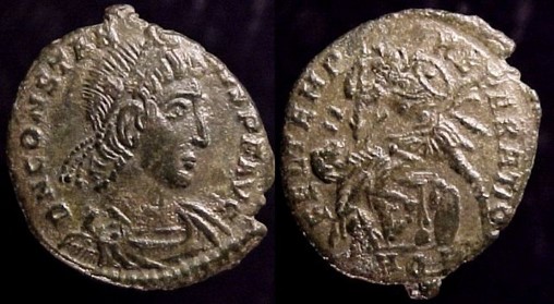 43 - Constantius II, 337-361 A.D.  Æ 3, 352-5 A.D.    Mint of Aquilea  17mm, 2.68gm, axis: 1:00  Obv: DN CONSTANTIVS PF AVG. Diademed draped and cuirassed bust right.  Rx: FEL TEMP REPARATIO. Soldier advancing left, spearing fallen horseman; in ex: AQP.  RIC VIII 199, LRBC 930, Cf. SR 4010, VM 100.