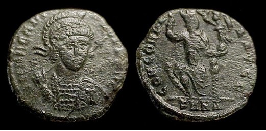 Arcadius, 383-408 AD.  'Æ 3'/ Billon Restored Centenionalis  17mm, 2.01gm, axis: 0º.  Mint of Nicomedia, 401-3 AD.  Obv: DN ARCADIVS PF AVG. Helmeted cuirassed bust facing; spear over shoulder.  Rx: CONCORDIA AVGG. Constantinopolis seated facing, head right, holding scepter and Victory, right foot on prow in ex: SMNA.  RIC X 91, LRBC 2442, SR --, VM 27.